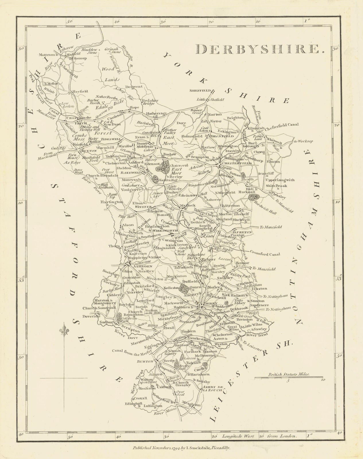 Derbyshire county map by John Stockdale 1795 old antique plan chart